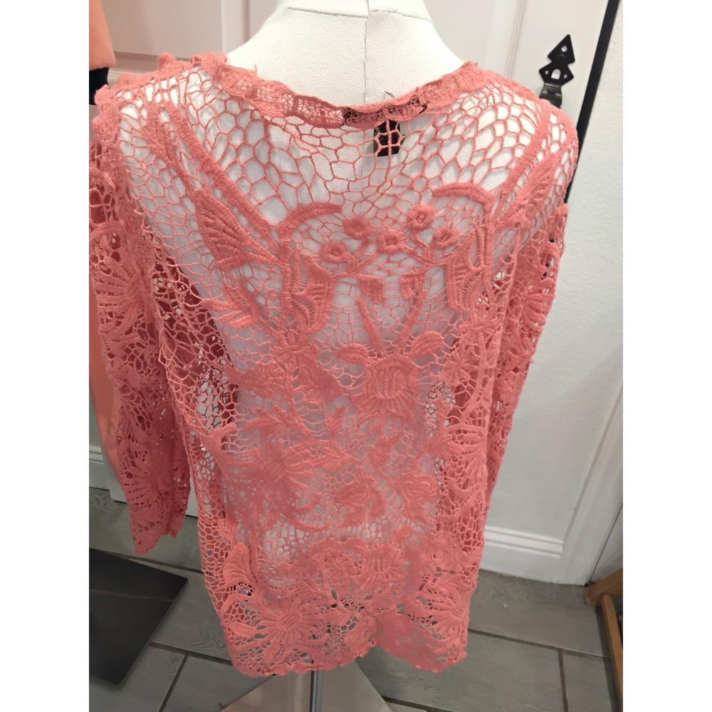 Fever Coral Pink Floral Crochet Lace Open Front Cardigan XL Cotton Boho Layering - Picture 5 of 7